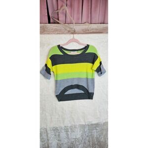 Poof Excellence Womens Striped Knit Sweater Neon Green Grey High Low Hem Small
